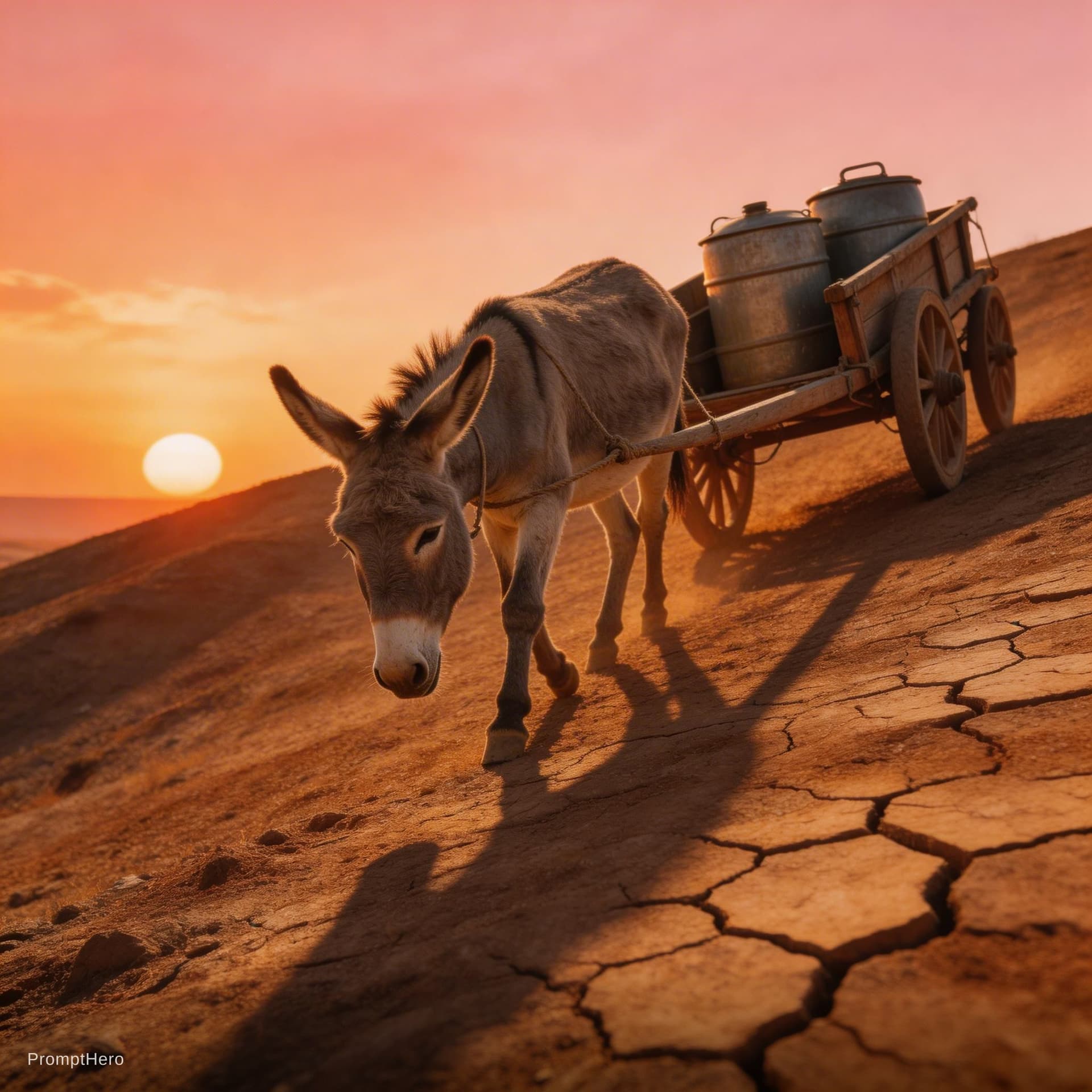 AI generated: Cinematic 3D animation style. A weary donkey pulling a heavy water cart uphill in a dry, cracked ear...