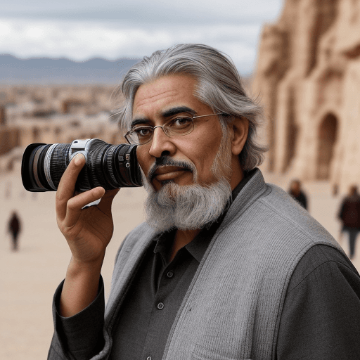AI generated: a gray hair with goatee tall wondering nomad, holding a camera, with discovery of the world's wonder...