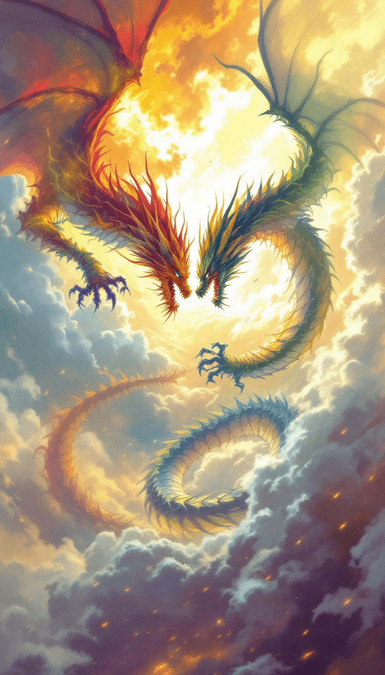 AI generated: Fierce battle in the sky between two dragons --chaos 75 --ar 1:2 --style raw --profile rsy6uq9 --sty...