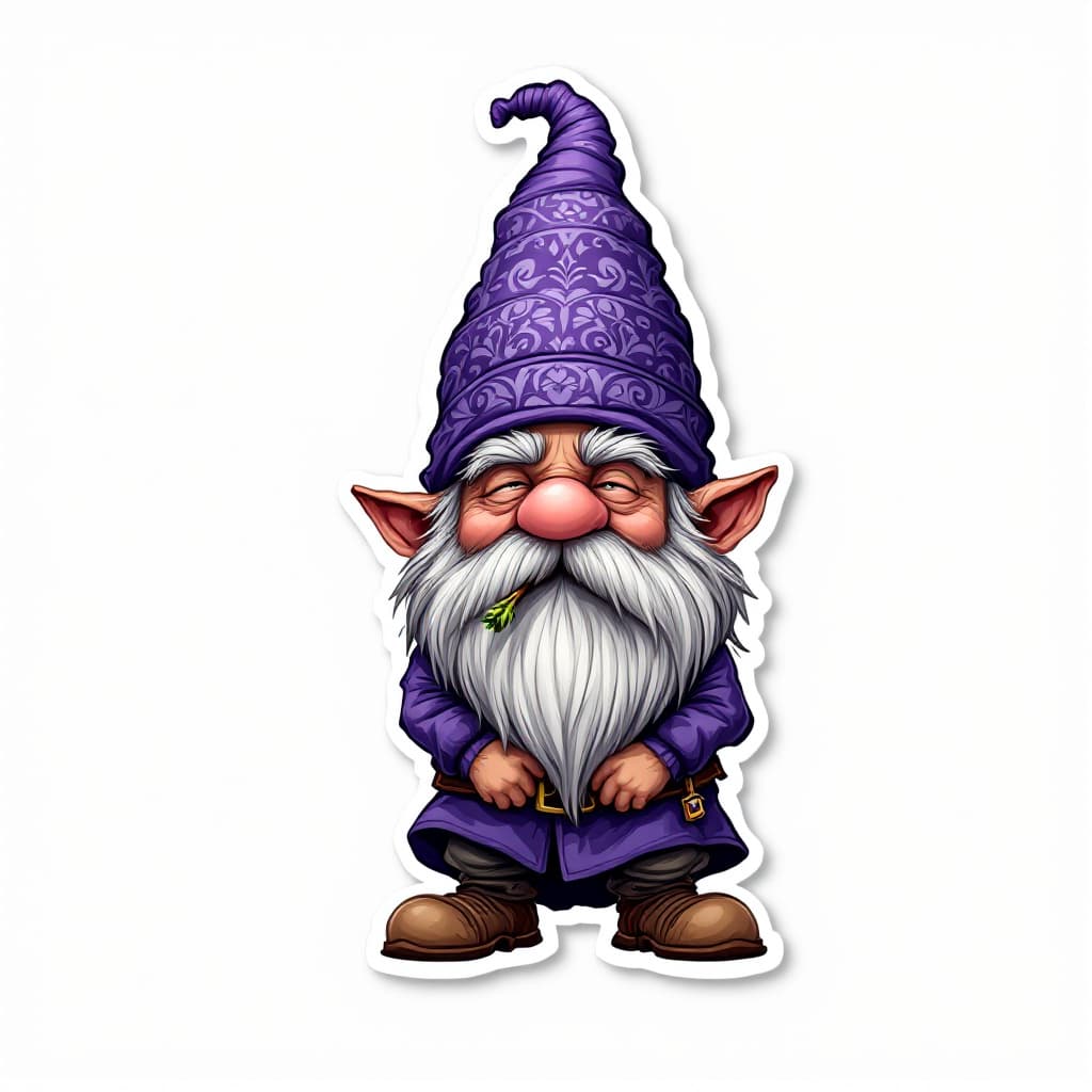 AI generated: A highly detailed full-body cartoon sticker of a whimsical gnome character. The gnome is wearing a v...