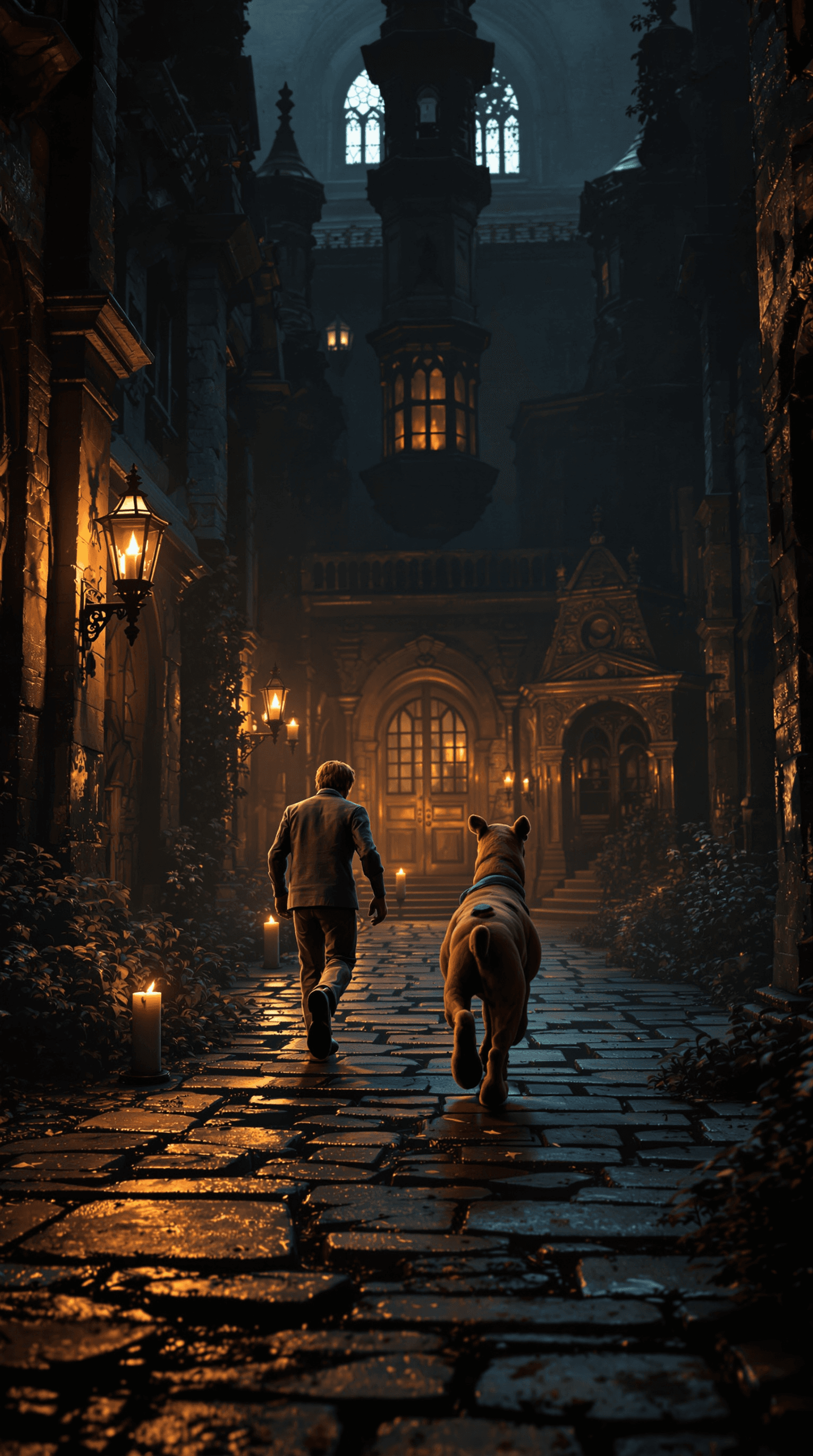 AI generated: Scooby-doo and shaggy walking through a old and dark manor using candles to illuminate the place. ci...