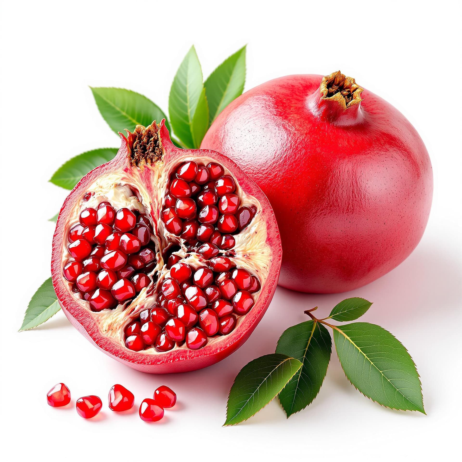AI generated: Photorealistic pomegranate, vibrant red fruit, cut open revealing seeds, whole pomegranate, green le...