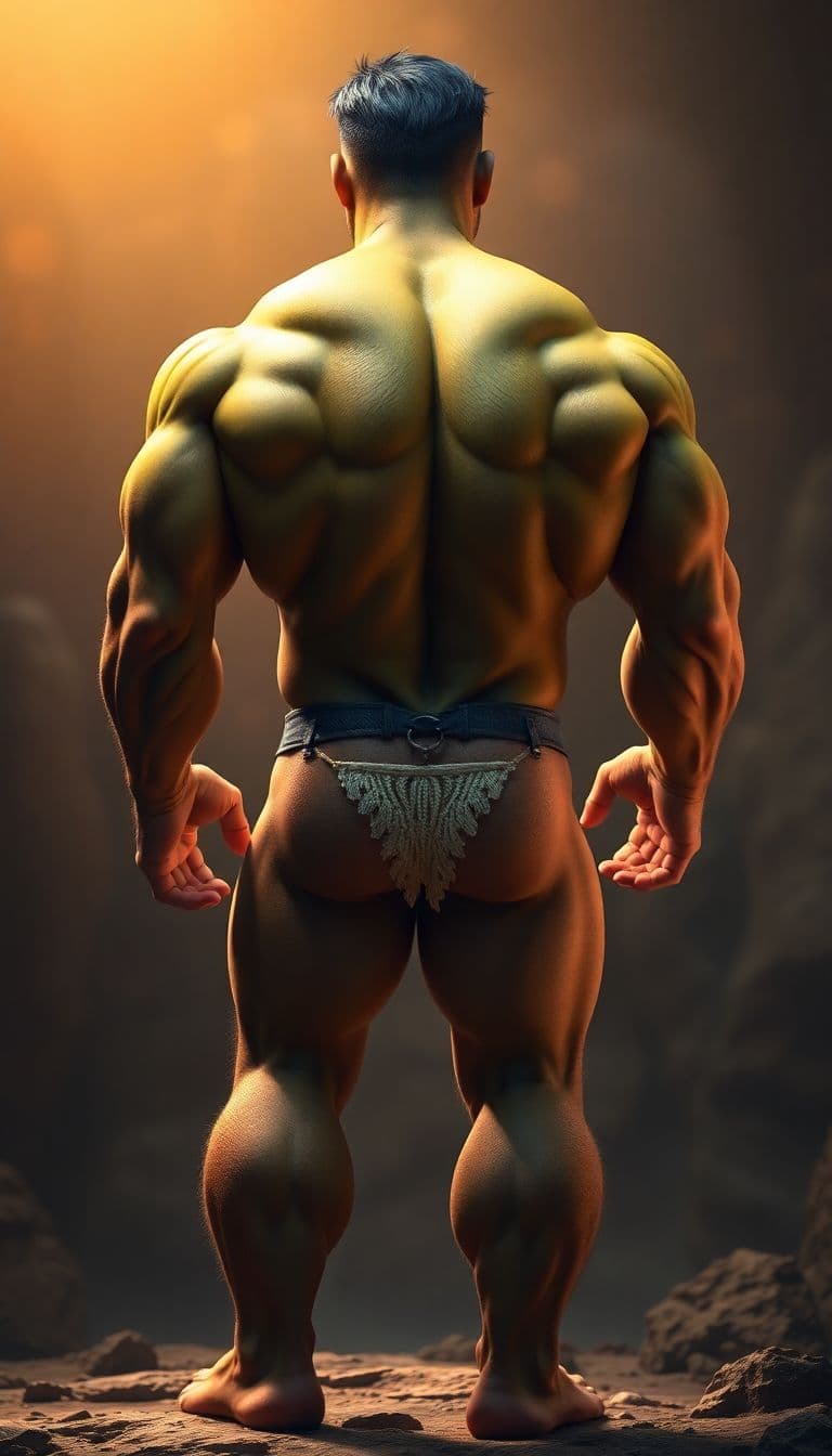 AI generated: Hulk ((nude back body)), big muscles and big butt, in his thirties, He wears a tiny ((floss thong)),...