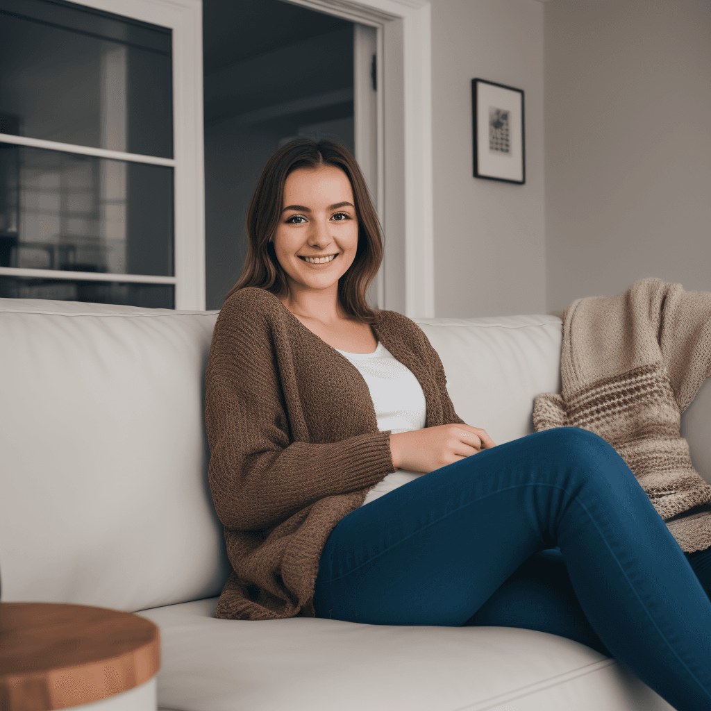 AI generated: One girl from Australia wearing cardigan paired with black jeans,at her house sitting on sofa holdin...