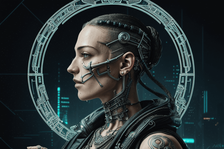 AI generated: tarot card with intricate detailed frame around the outside, 

portrait of cyberpunk head, 

 side p...