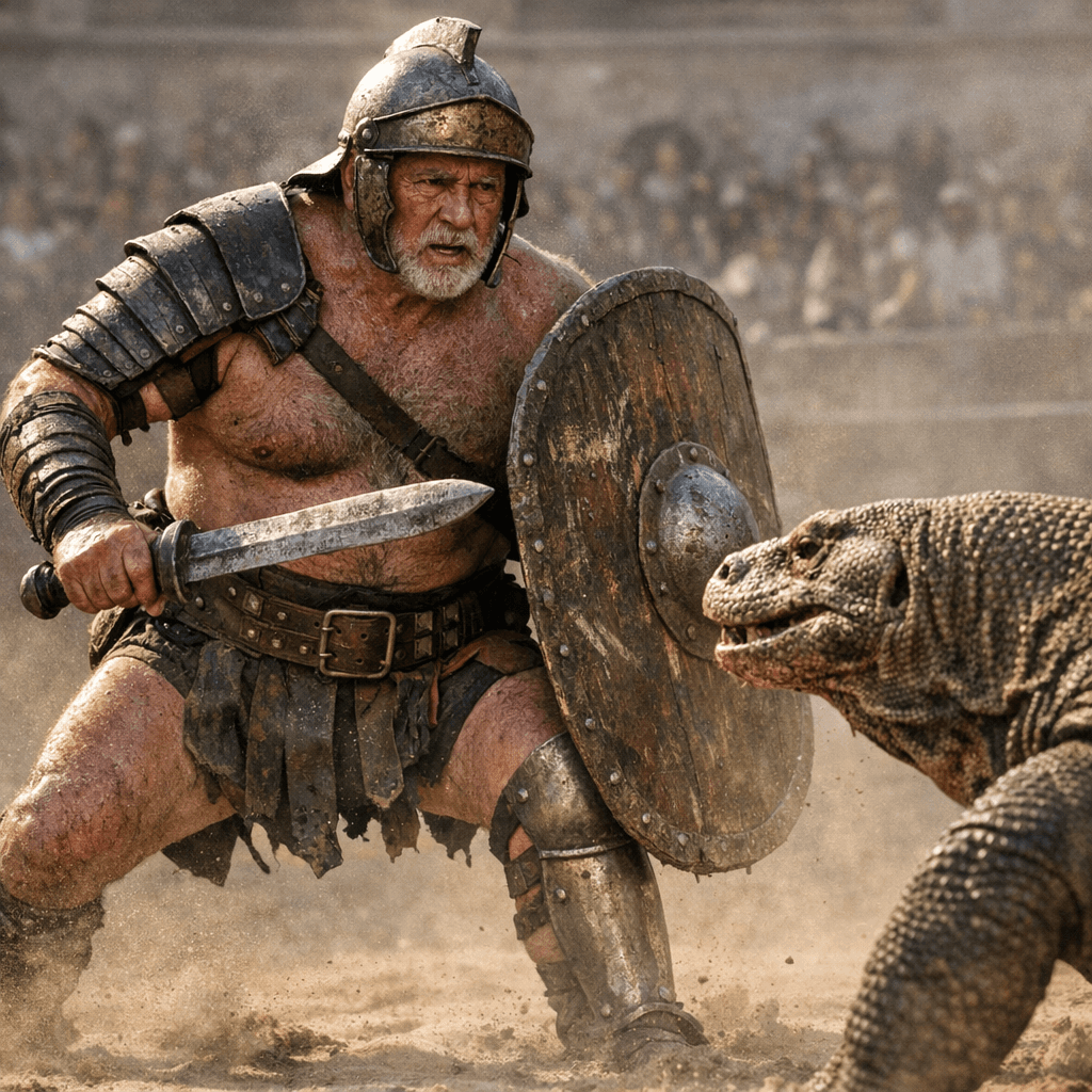 AI generated: Ultra-realistic documentary-style action photography inside the Roman Colosseum, bathed in warm gold...