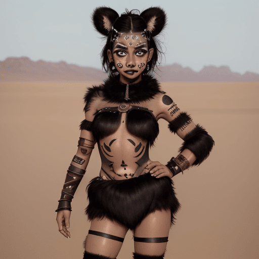 AI generated: full body of a cute warrior princess in a desert, with black face paint, black hair, brown big eyes,...