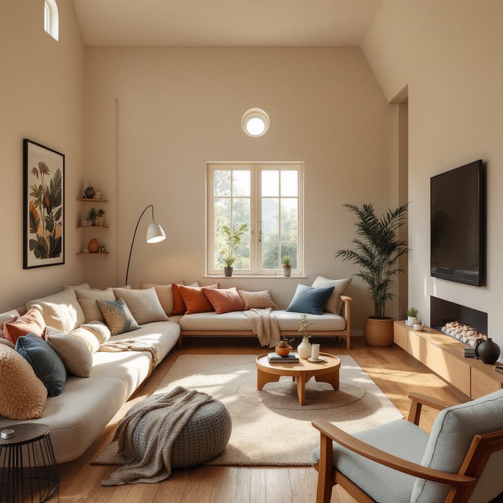 AI generated: High resolution photography interior design, dreamy sunken living room conversation pit, wooden floo...