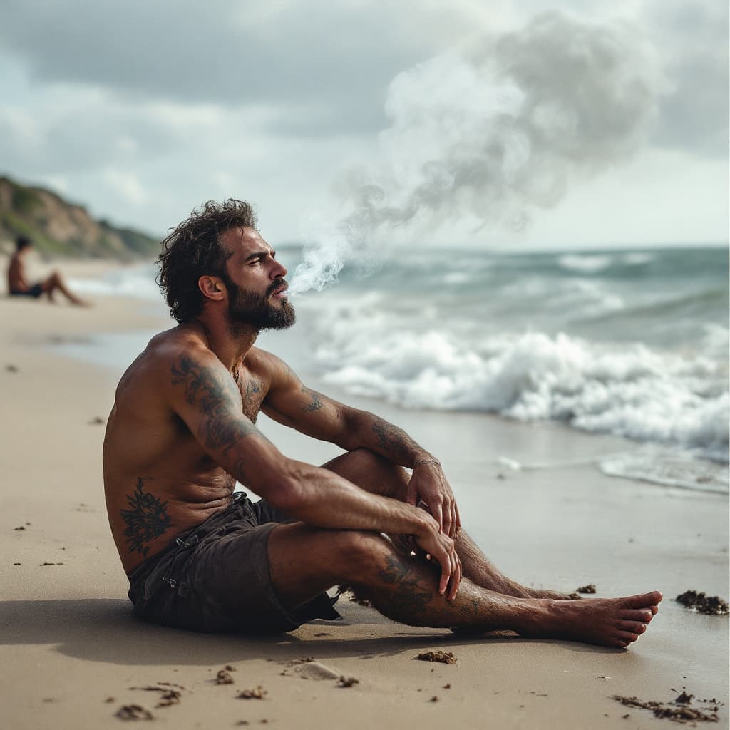 AI generated: A man is  his smoke in beach and unhappy 