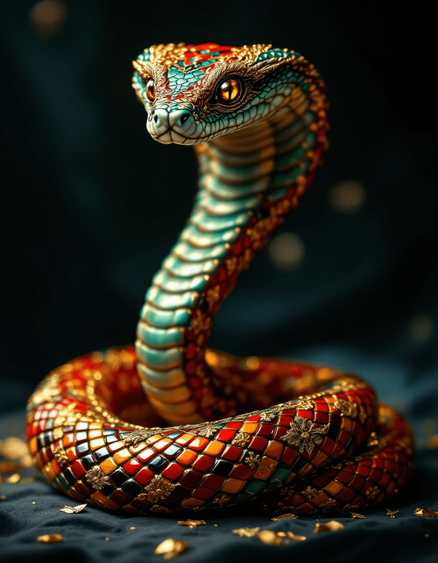 AI generated: A detailed, ornate snake, positioned in the center of the image. The snake's body is depicted with a...