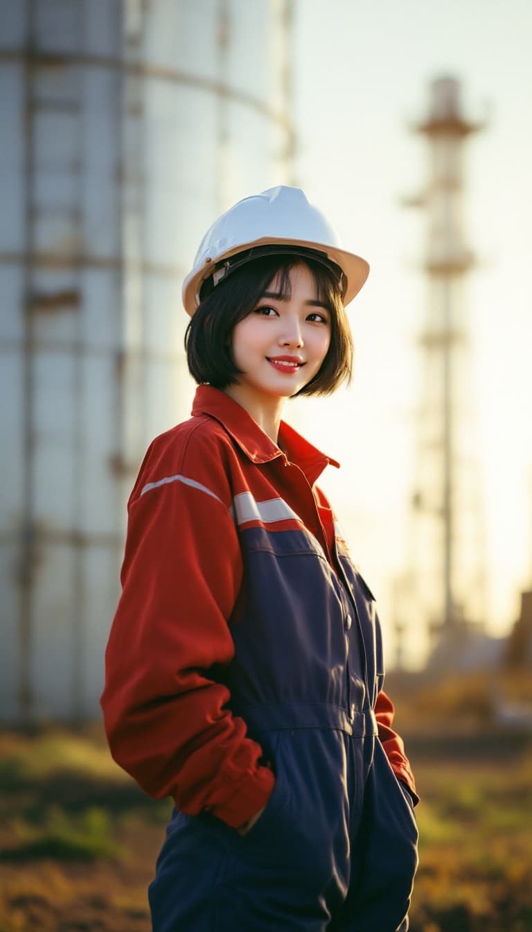 AI generated: A korean woman with black short hair, sun-kissed skin, and a worn a red blue safety coverall for oil...