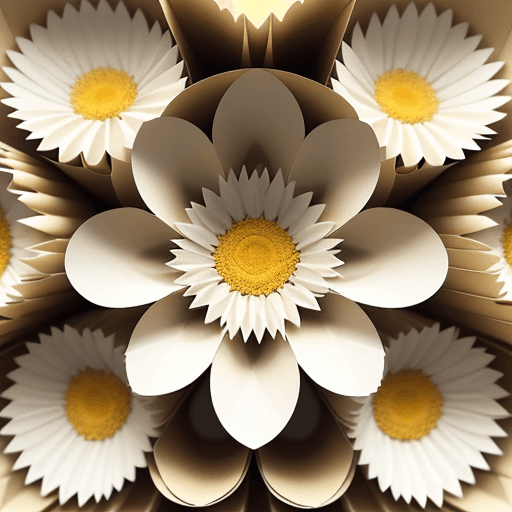 AI generated: Artistic composition featuring daisies in three distinct sizes on corrugated paper. Close-up of whit...