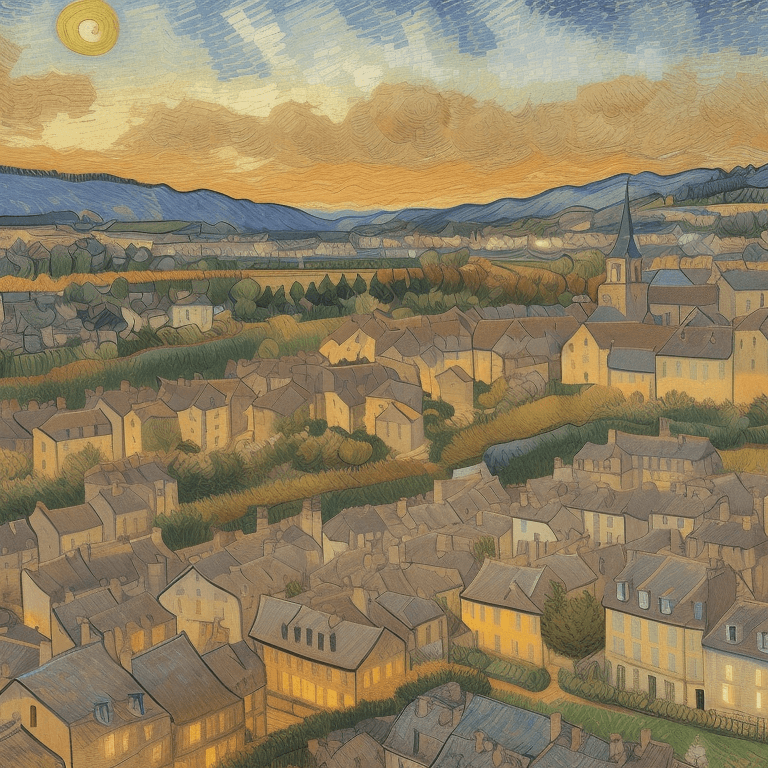 AI generated: Old French town landscape during sunset, painted in Van Gogh style. Brownish colors and vivid van Go...