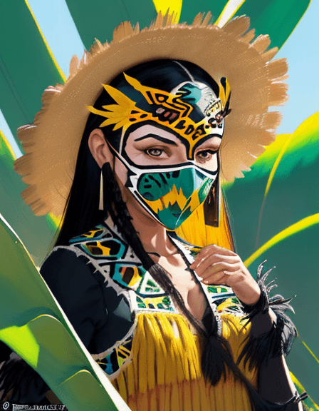 AI generated: commercial illustration of a woman with a zoque mask of a jaguar, dressed in a frayed yellow maguey ...