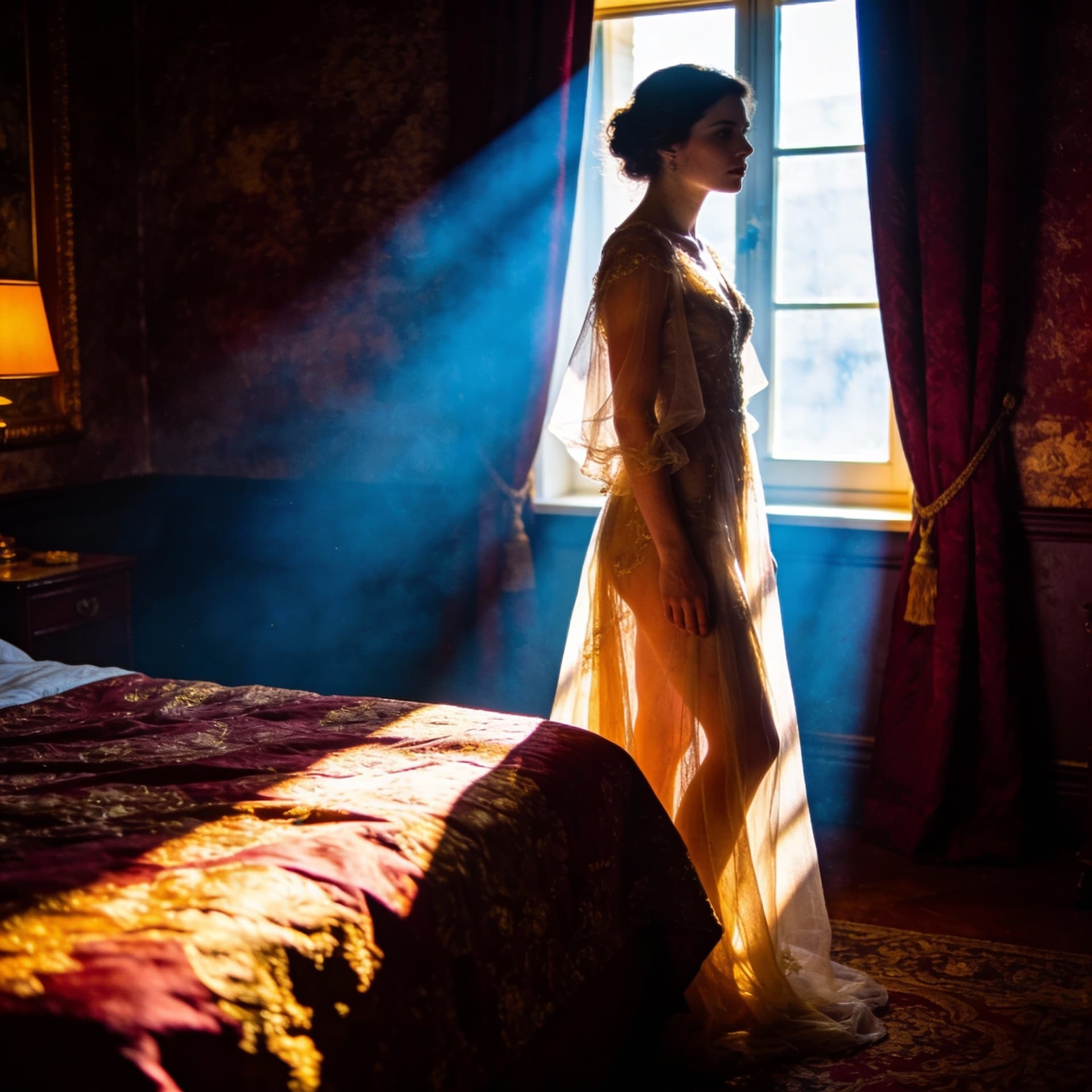 AI generated: The setting is a dimly lit room, reminiscent of a classic European hotel with deep, moody tones and ...