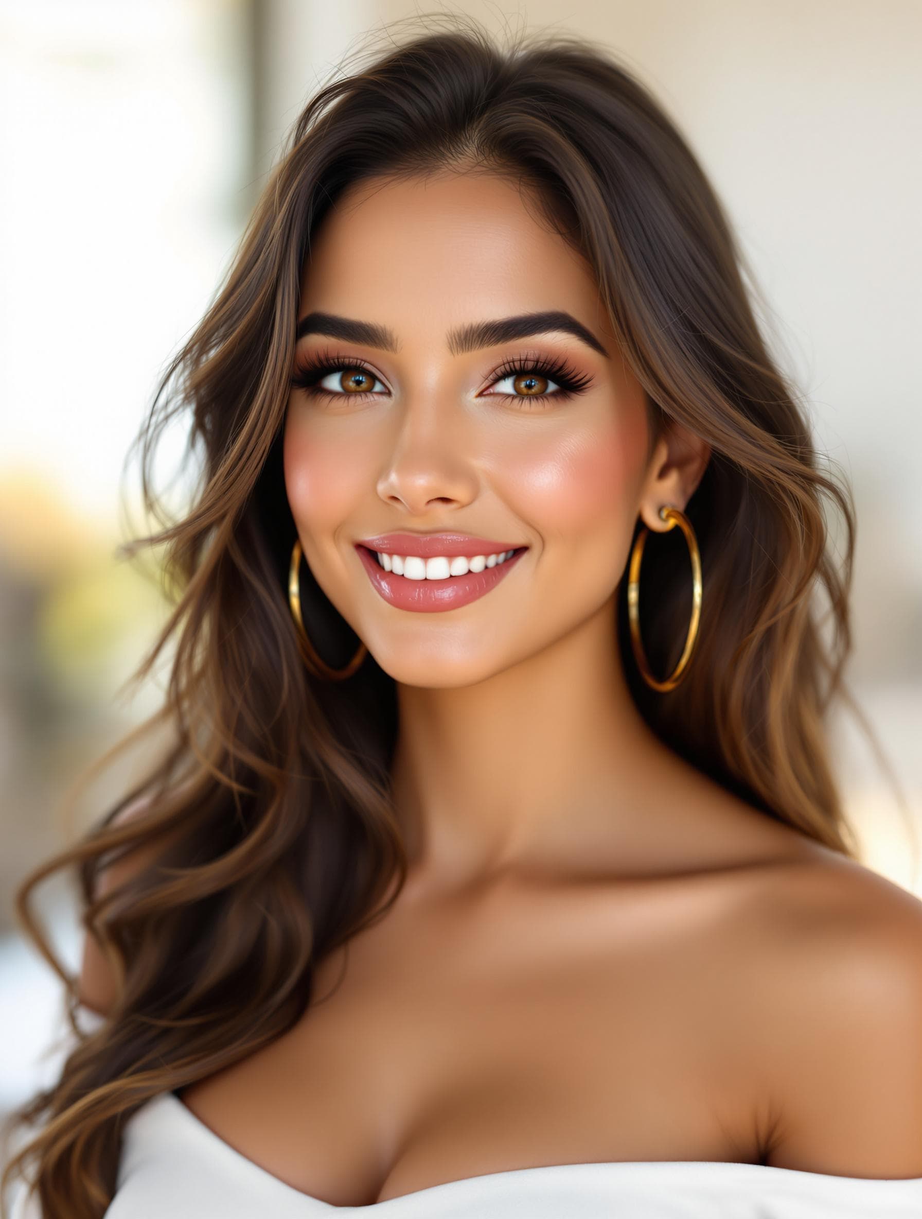 AI generated: Photorealistic portrait of a beautiful Latina woman in her late 20s, warm honey-brown eyes, full lip...