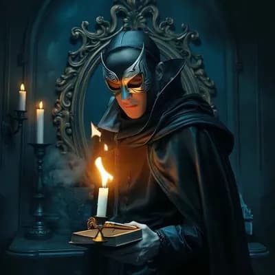 AI generated video: Magician blowing out the candle,  light fades, dark frame for 1 sec, then scene lights out and initi...
