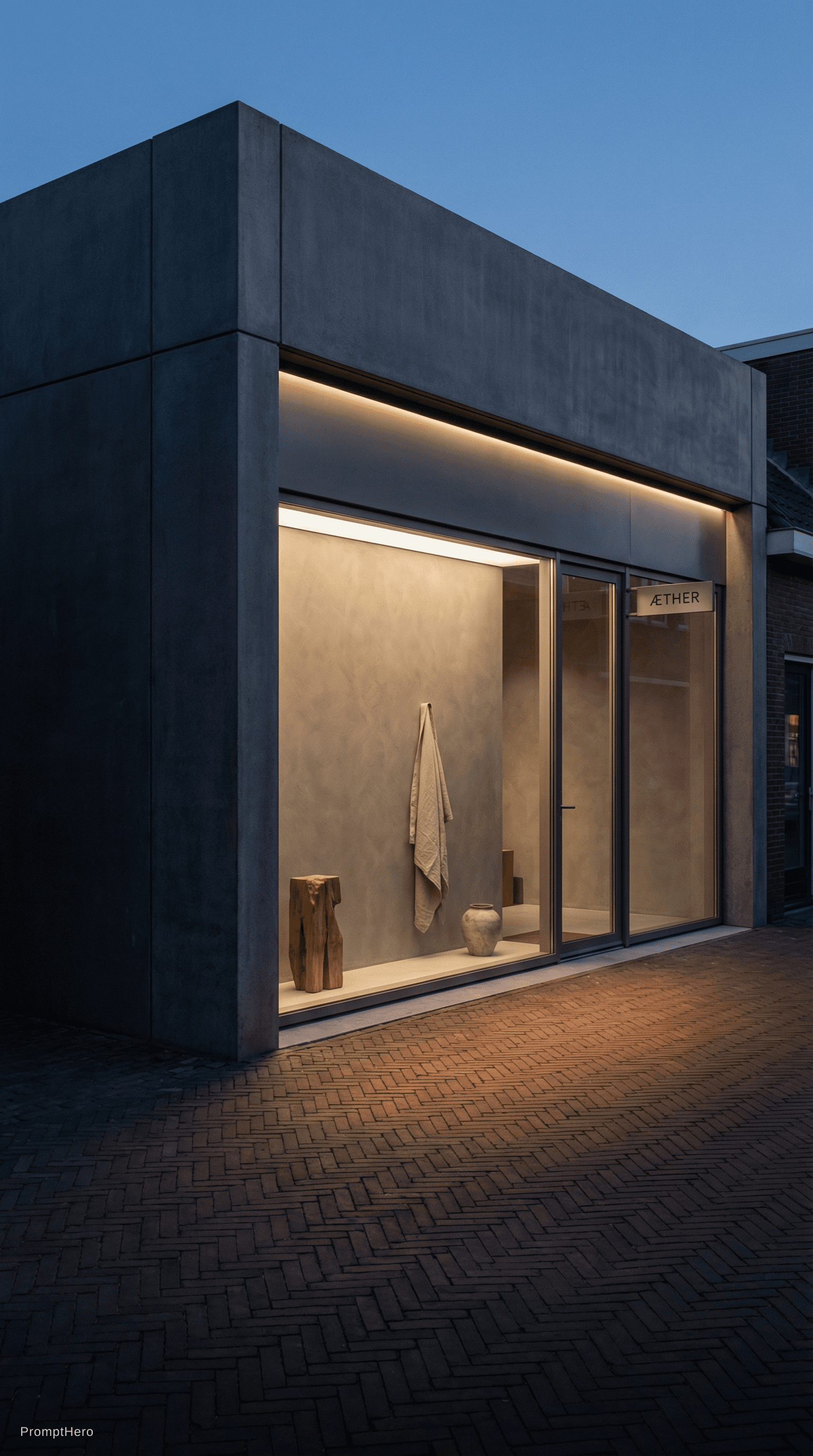 AI generated: minimalist store exterior, at dusk, the architecture should feature clean lines with a sophisticated...