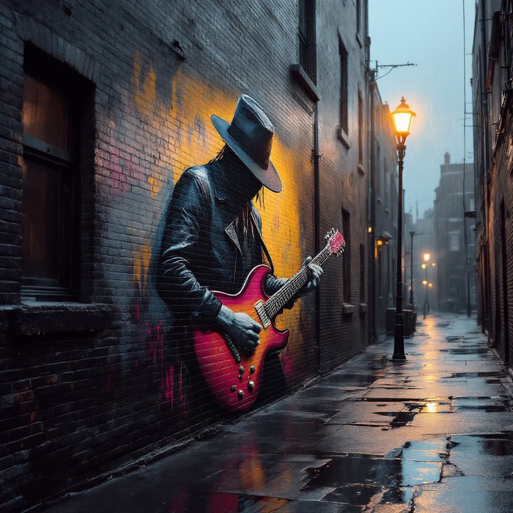 AI generated: Street graffiti spray paint mural of a cool alternative guitar player with a hat low over his eyes. ...