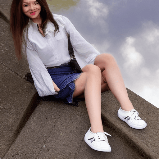 AI generated: The woman in the photo has flowing long hair and slender legs, showcasing a pair of Yashi casual sho...