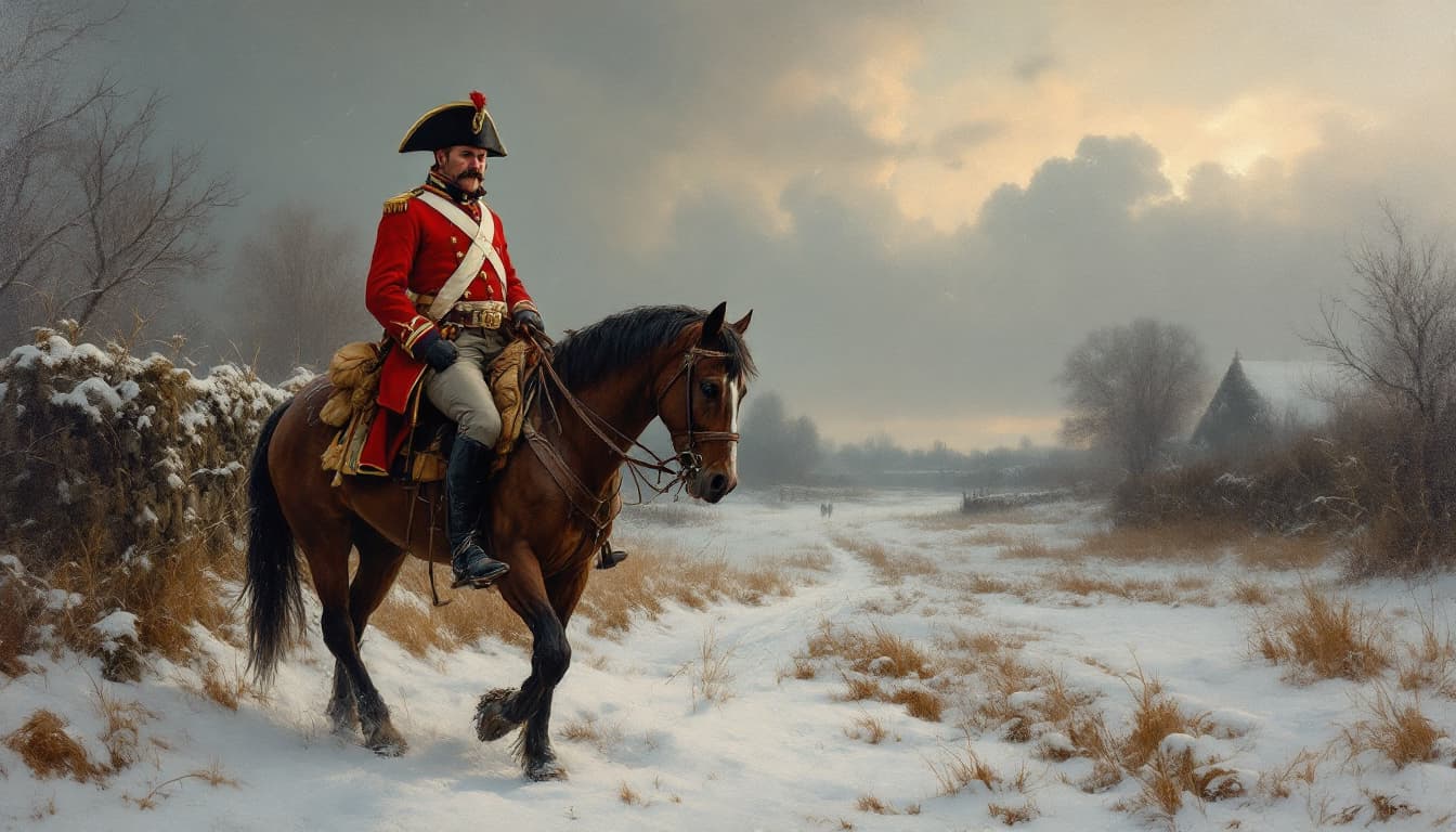 AI generated: rural winter scene, snow,  a weary 19th century mounted British Hussar returning home from Waterloo,...