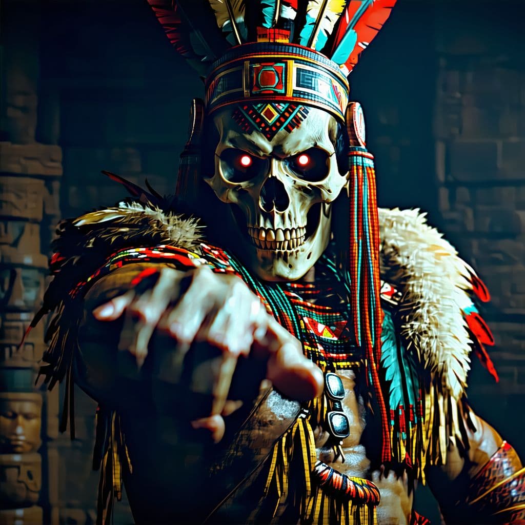 AI generated: A photorealistic digital illustration of an Aztec god with skull face, pointing at viewer and lookin...