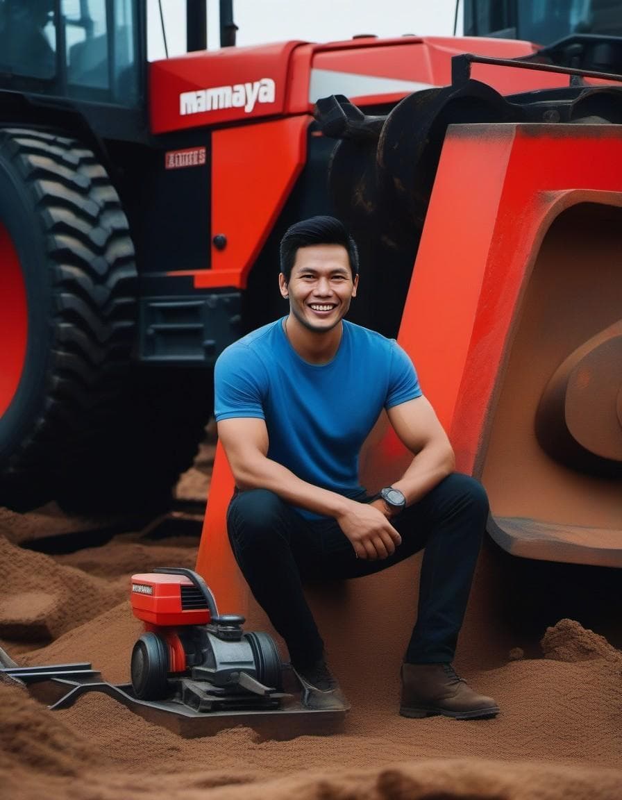 AI generated: man with blue shirt and tools sits against a red bulldozer, in the style of nikita veprikov, photo t...