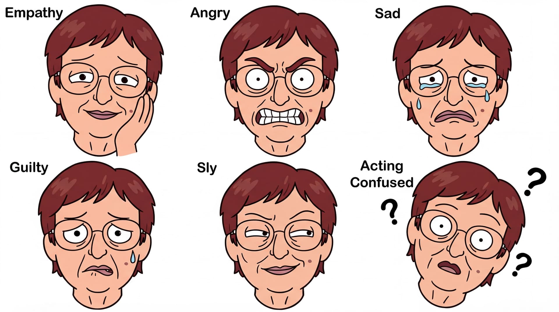 AI generated: Create different facial expressions. Character sheet. Empathy facial expression, Angry facial expres...
