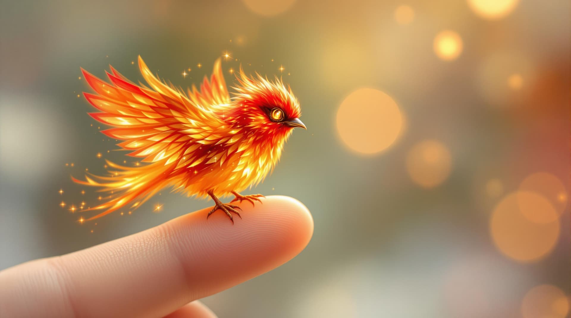 AI generated: Create a detailed and enchanting image of a tiny fire bird perched on a person's finger. The fire bi...