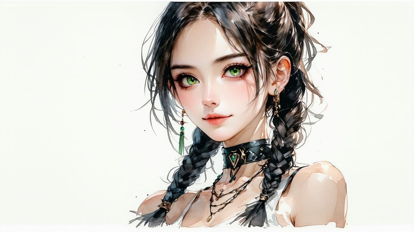 AI generated:  water colur illustration ((anime) ), anime full body Symbolist ink wash painting of a 24-year-old Y...