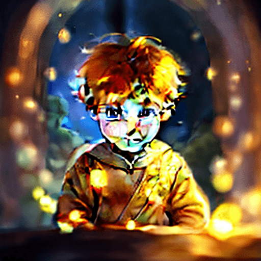 AI generated: little fair-haired boy, orange light with a face and spectrum of light, fairy tale, adventure, kingd...