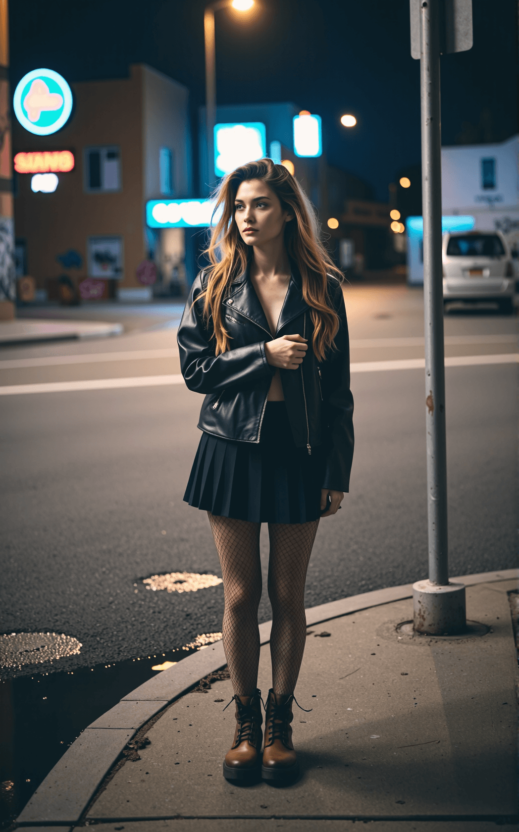 AI generated: A documentary-style photograph captures a woman waiting at a dimly lit street corner at night, the g...
