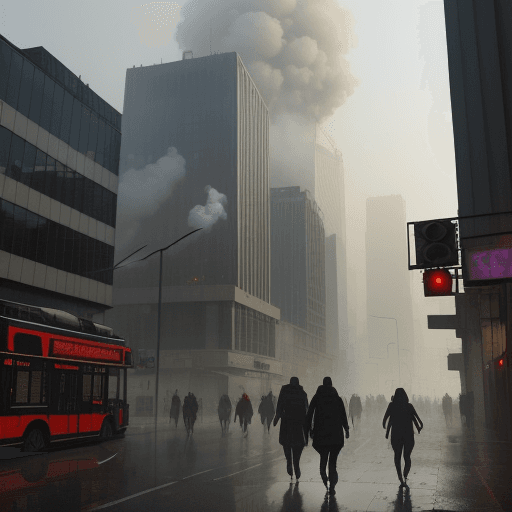 AI generated: city of pollution, with acid rain in the city, realistic, no huge smoke cloud, people walking around...