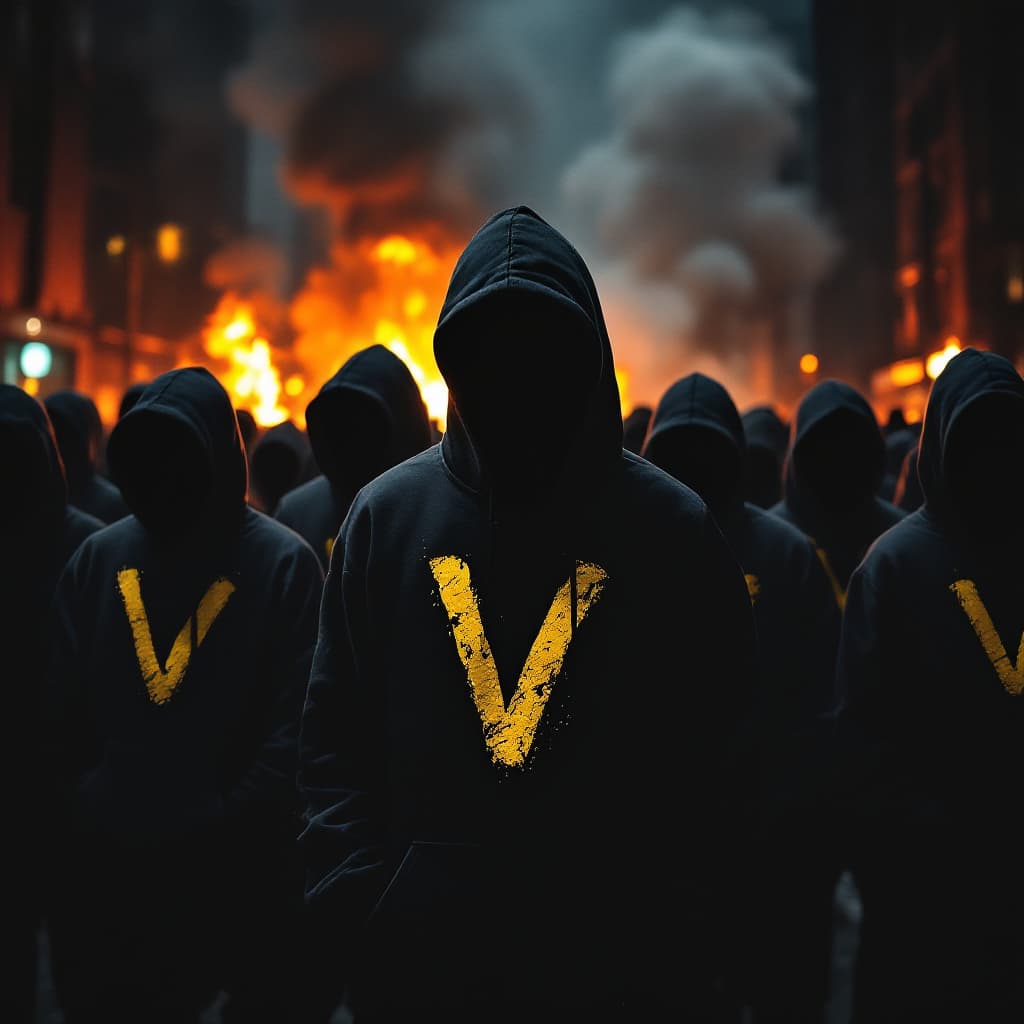 AI generated: "Generate an image of a group of individuals wearing black hoodies, standing together as a mob in a ...