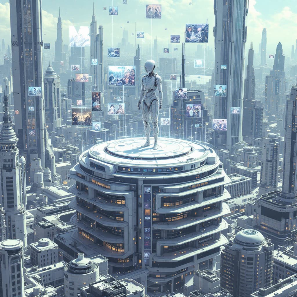 AI generated: detailed cyberpunk cityscape, multi-level urban structures and buildings, a white futuristic buildin...