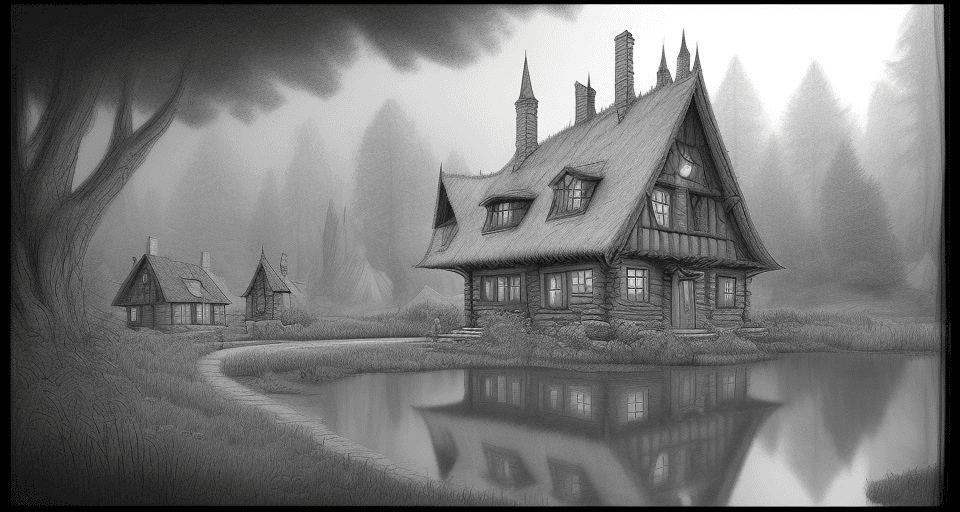 AI generated: A storyboard simple pencil sketch of a small unique surrealistic styled wizard's house nestled in th...