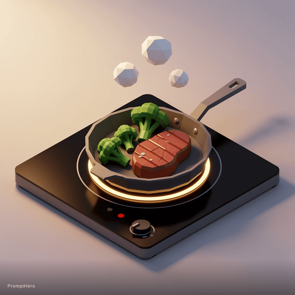 AI generated: Low-poly 3D illustration of a frying pan on a modern electric stove, cooking a stylized steak and br...