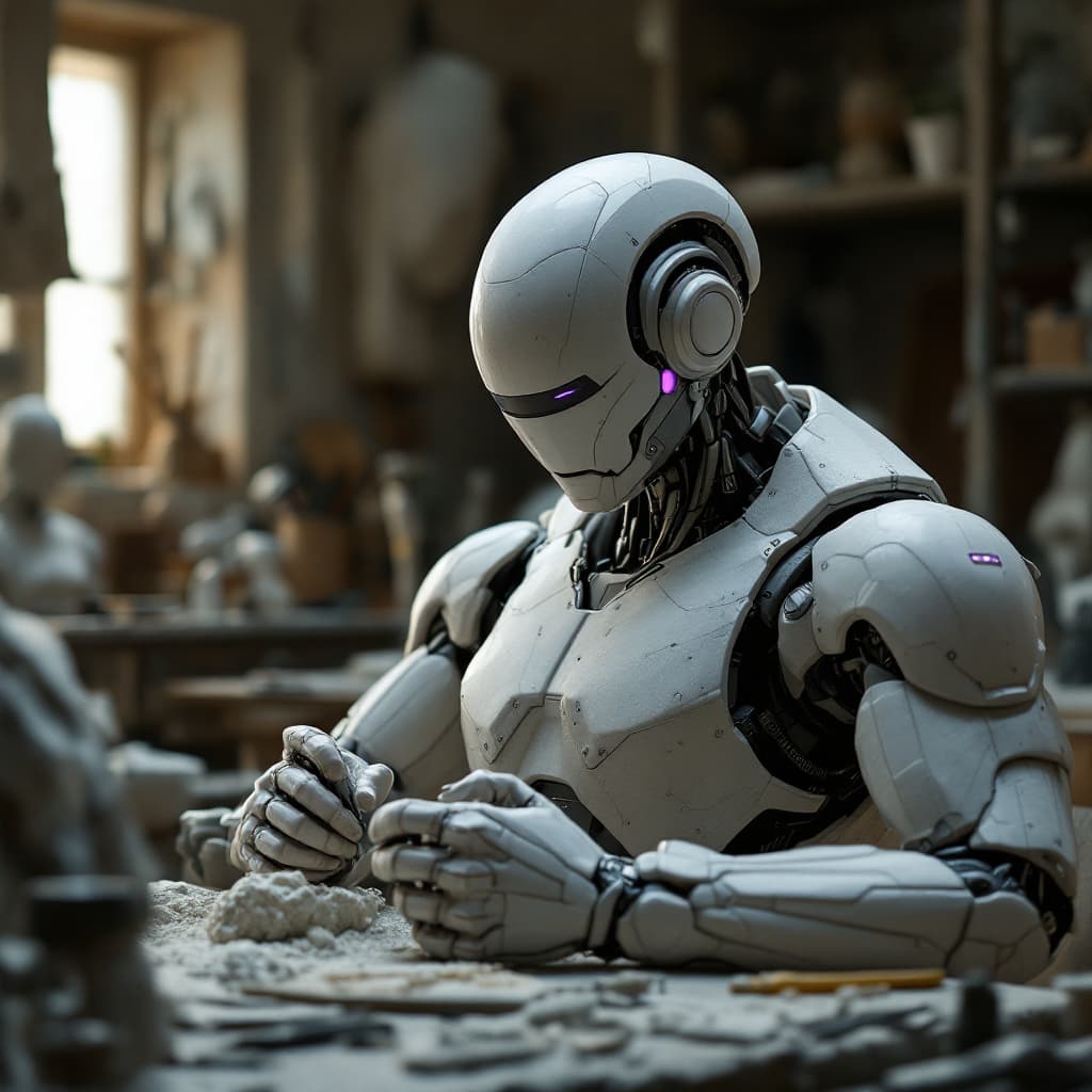 AI generated: A highly detailed cinematic shot capturing a human sculptor from the knees up, chiseling a humanoid ...