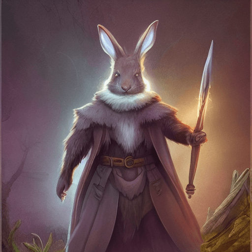 AI generated: high detail, full body image of a bipedal rabbit, lop eared, big ears, harengon dnd 5e, male, holdin...