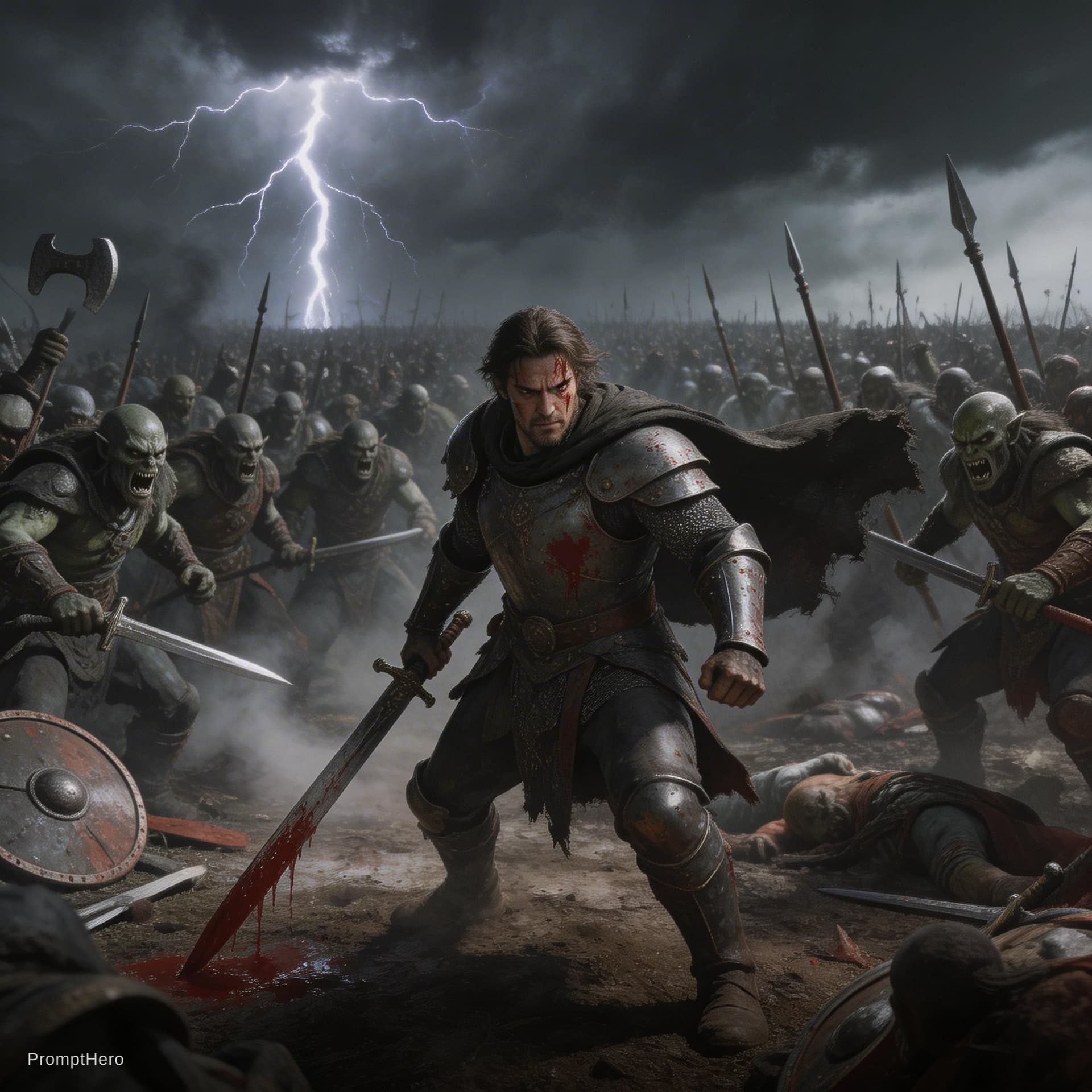 AI generated: Hurin Thalion last stand, Nirnaeth Arnoediad battlefield, lone warrior fighting countless orcs, firs...