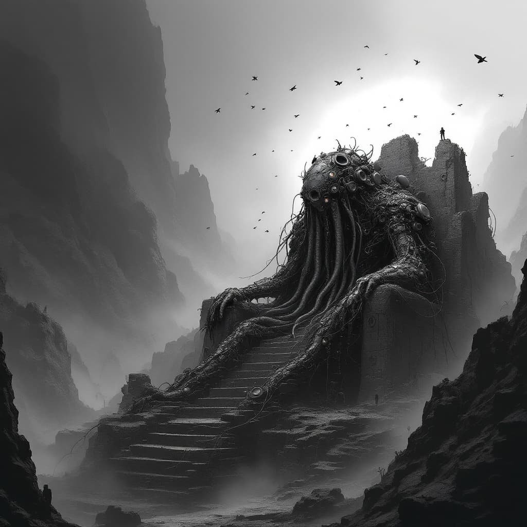 AI generated: a stark depiction of an ancient abstract robotic ooze, made up of loudspeakers and other abstract me...