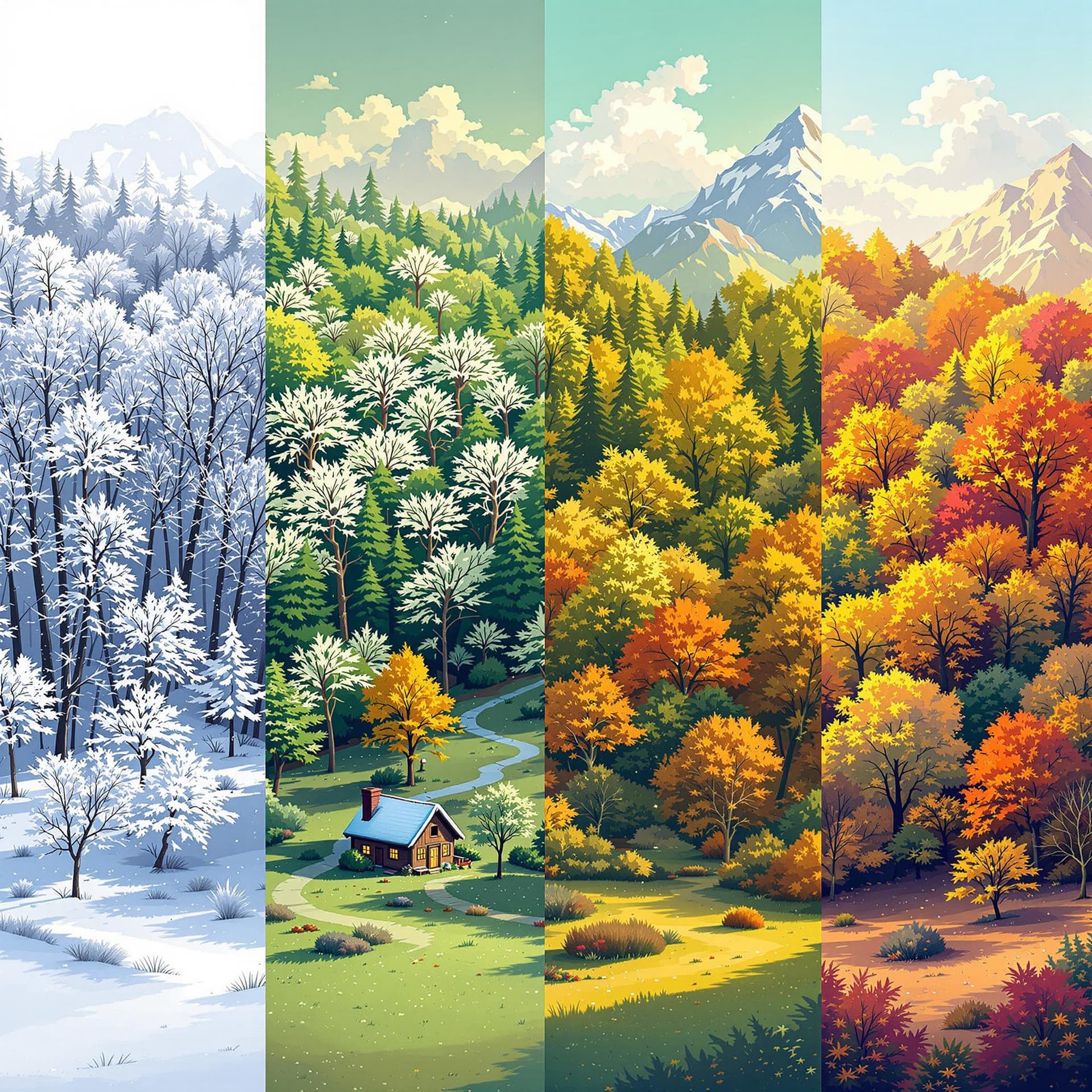 AI generated: illustrate the four seasons of a single landscape in one continuous panoramic image. From left to ri...