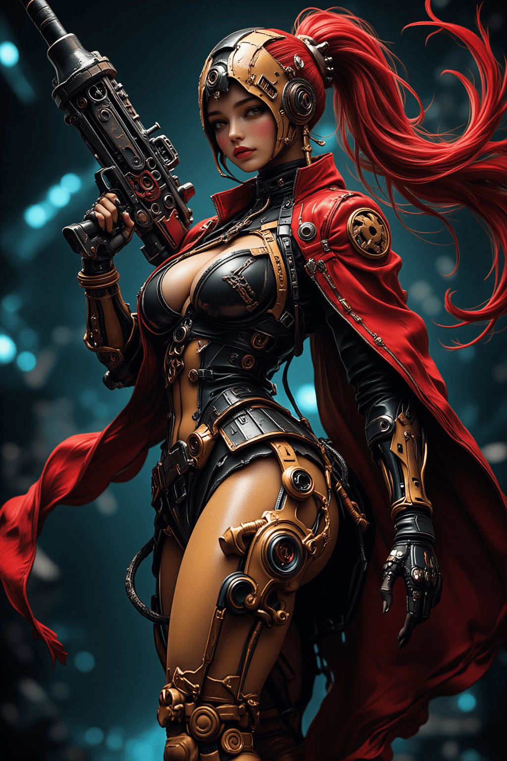 AI generated: "Futuristic cyberpunk female warrior character design, wearing a high-tech tactical coat and tight c...