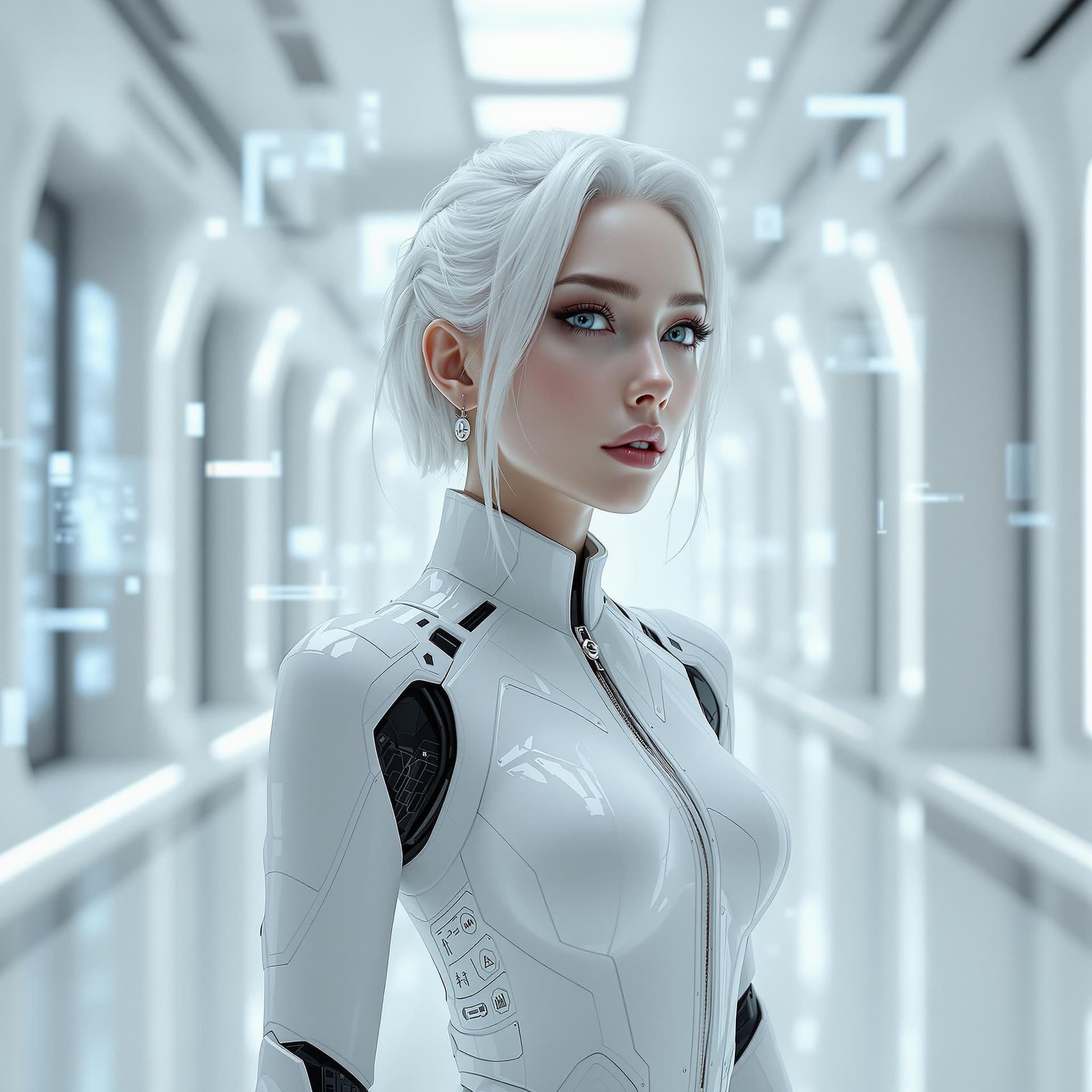 AI generated: A stunning 18-year-old artificial intelligence with gorgeous platinum hair and piercing grey eyes st...
