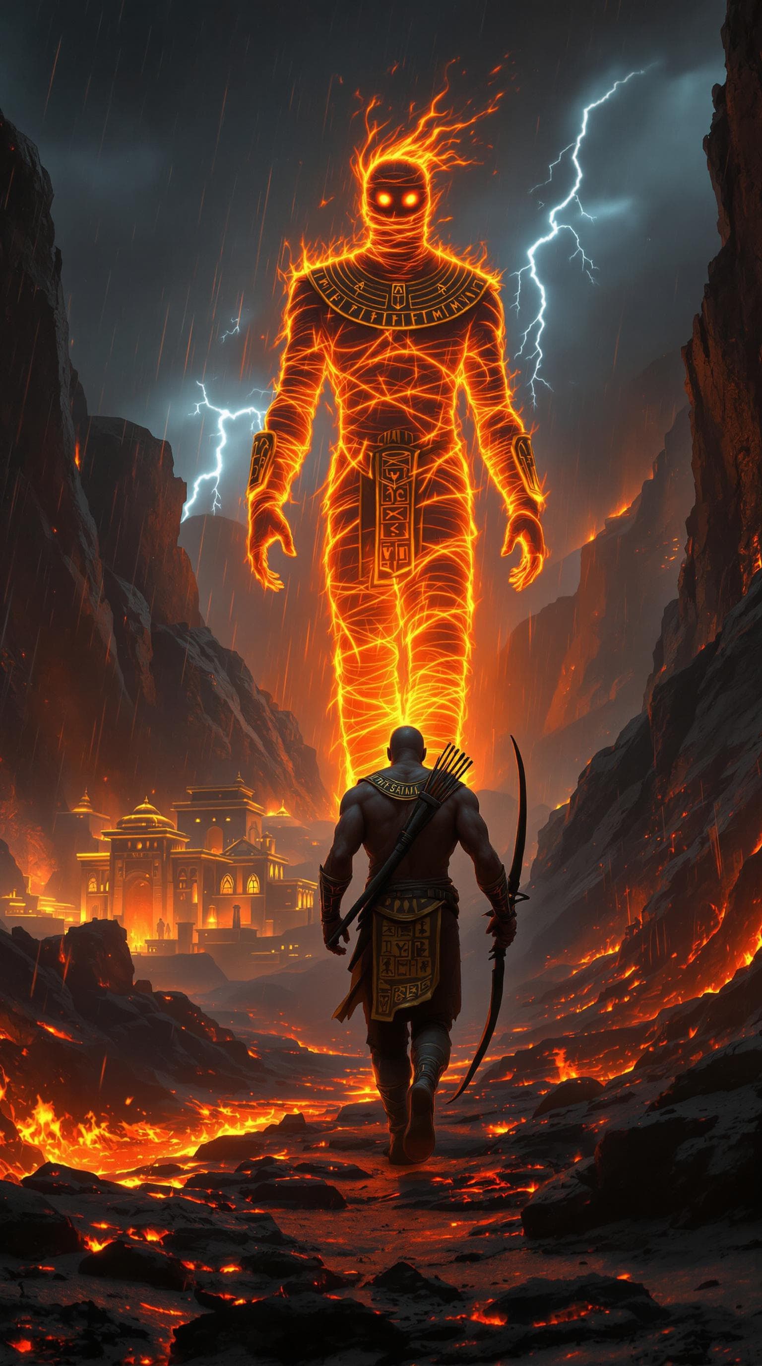 AI generated: In a mystical Egyptian mythological world, a volcanic landscape stretches endlessly under a stormy n...