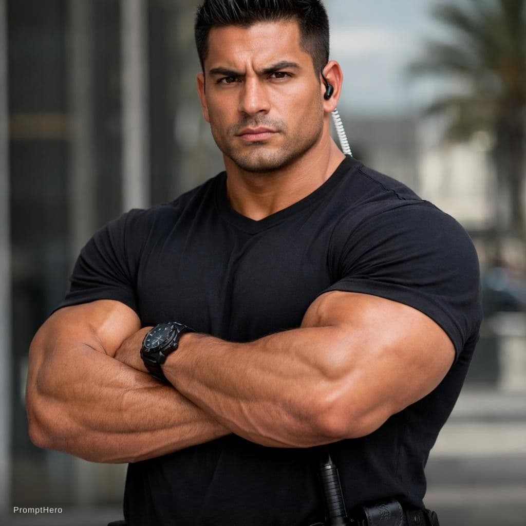 AI generated: black hair Latino bodybuilder bodyguard