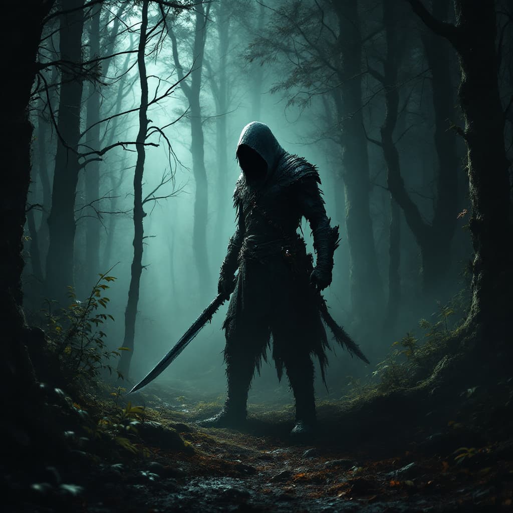 AI generated: a warrior in a dark ,foreboding forest , with beems of eerie light