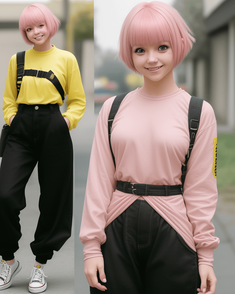 AI generated: realistic, female, student 5'3 in height, short pink hair with long bangs, grinning , wearing yellow...