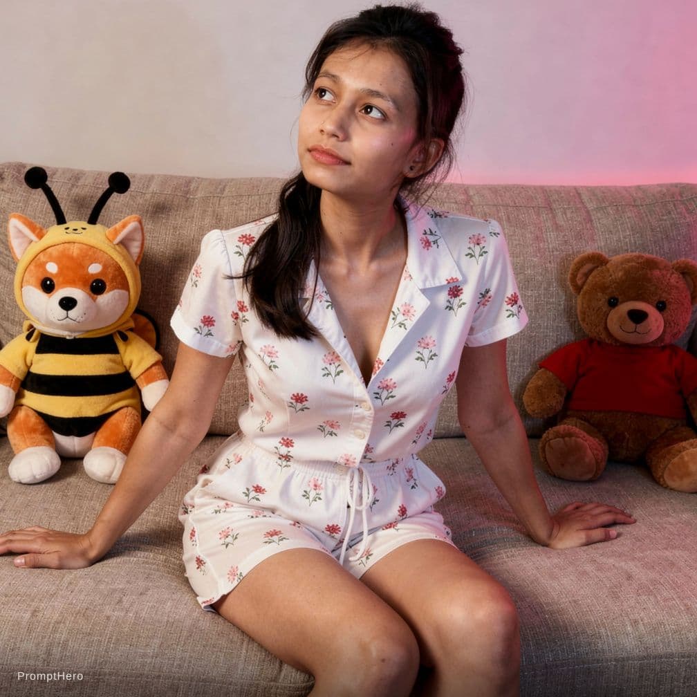 AI generated: A highly detailed, photorealistic indoor medium shot of a captivating young East Asian woman relaxin...