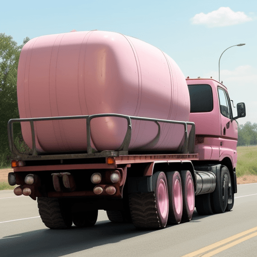 AI generated: pink semi truck hauling an army tank on a flatbed trailer